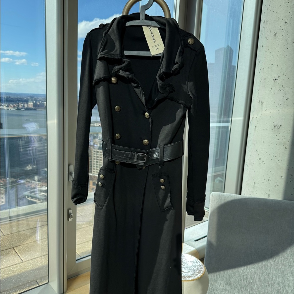 Classic Black Double-Breasted Long Cotton Trench Coat with Belt